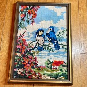 Vintage Framed Needlepoint, Needlework, Embroidered Spring Blue Birds
